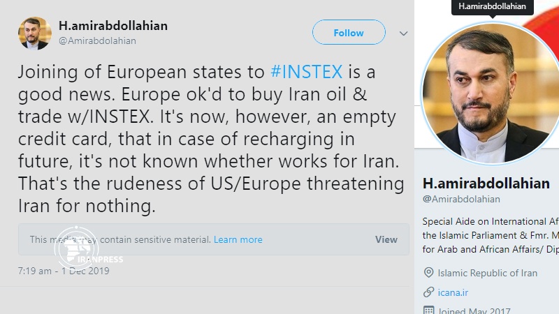 Iranpress: Joining of European states to INSTEX is like an empty credit card