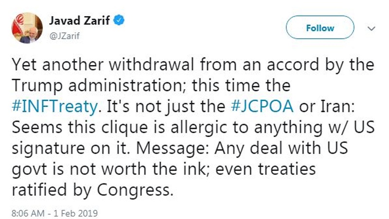 Iranpress: توئیت ظریف؛ آمریکا به‌ توافق‌ها آلرژی دارد 