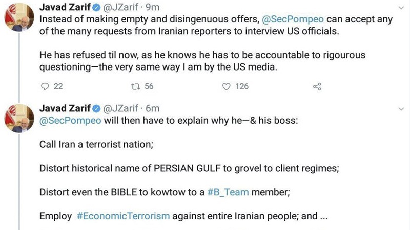 Iranpress: ظریف: پمپئو به جای پیشنهادهای تو خالی درخواست خبرنگاران ایران برای مصاحبه را بپذیرد